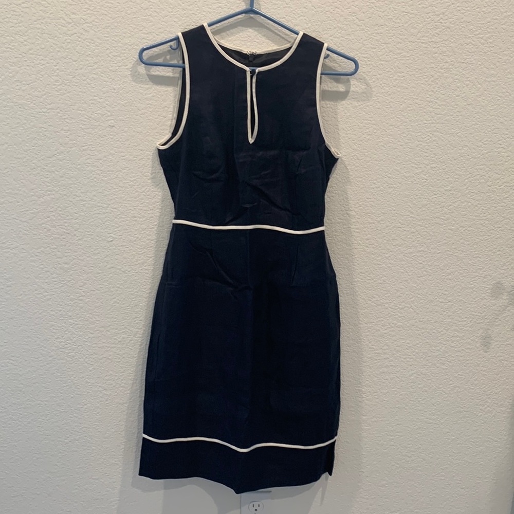 NWT J.Crew Herringbone Linen Dress Navy Blue Ivory/White 2
